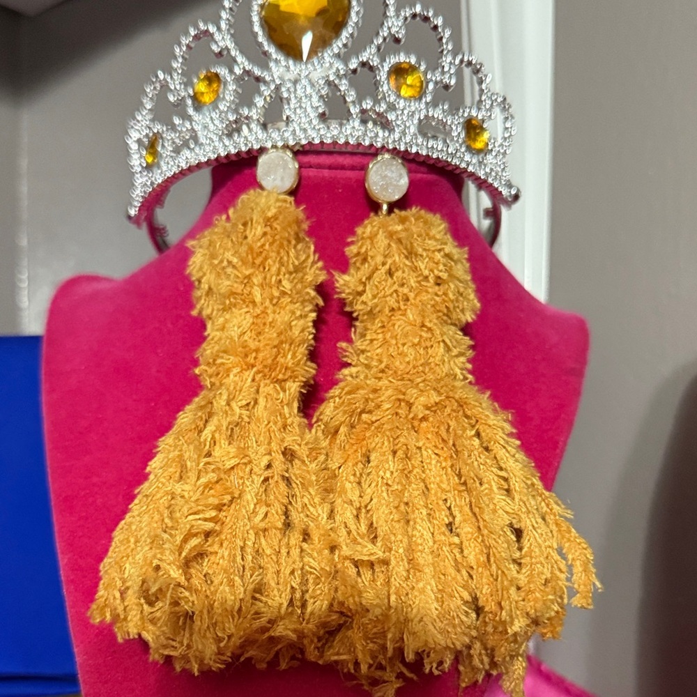 Yellow Tassel Earrings with Rhinestone Crown
